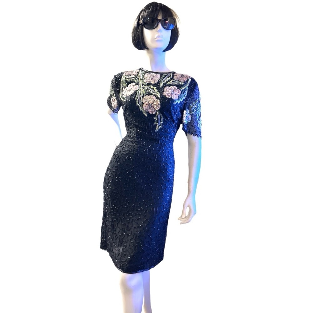 Laurence Kazar Silk Black Embellished Sequin Dress